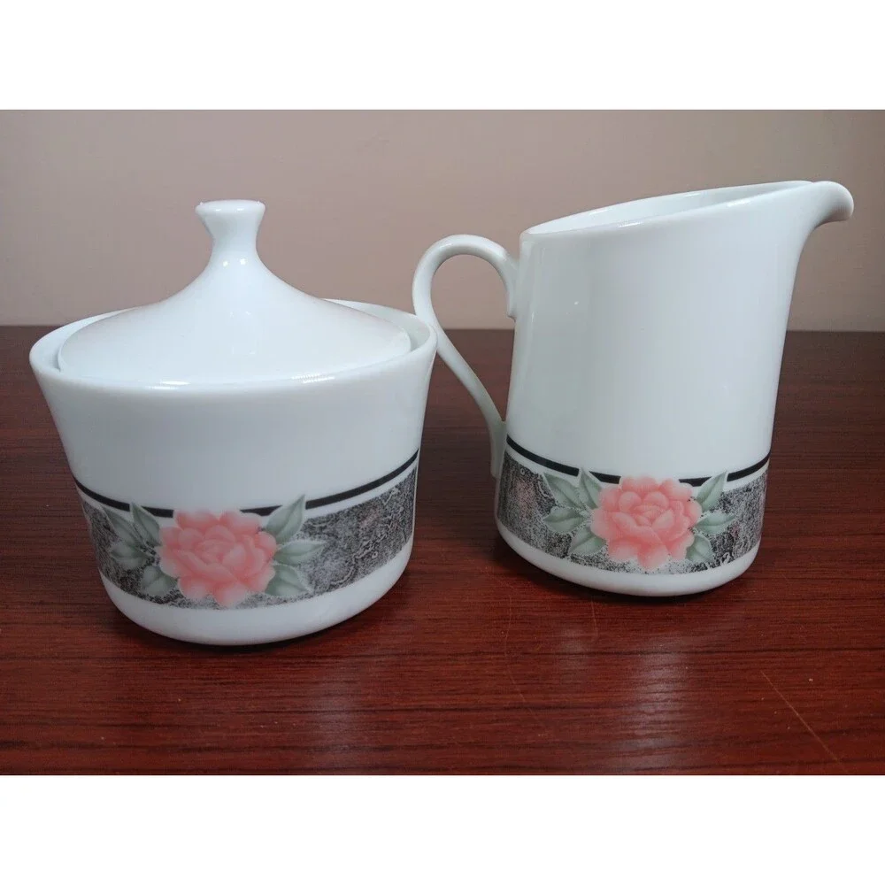 Corning Corelle Silk And Roses Sugar Bowl & Lid And Creamer Set USA EUC